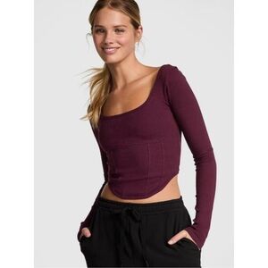 VS Pink The Cinched Long-Sleeve Corset Top in Wild Rose